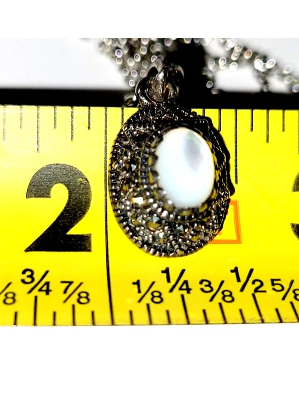 Vintage Sterling Silver Moonstone & Marcasite Pendant Necklace 19" Long - Picture 7 of 8